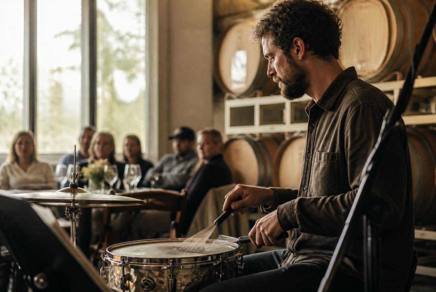 Jeramy Burchett playing snare with brushes during a winery performance