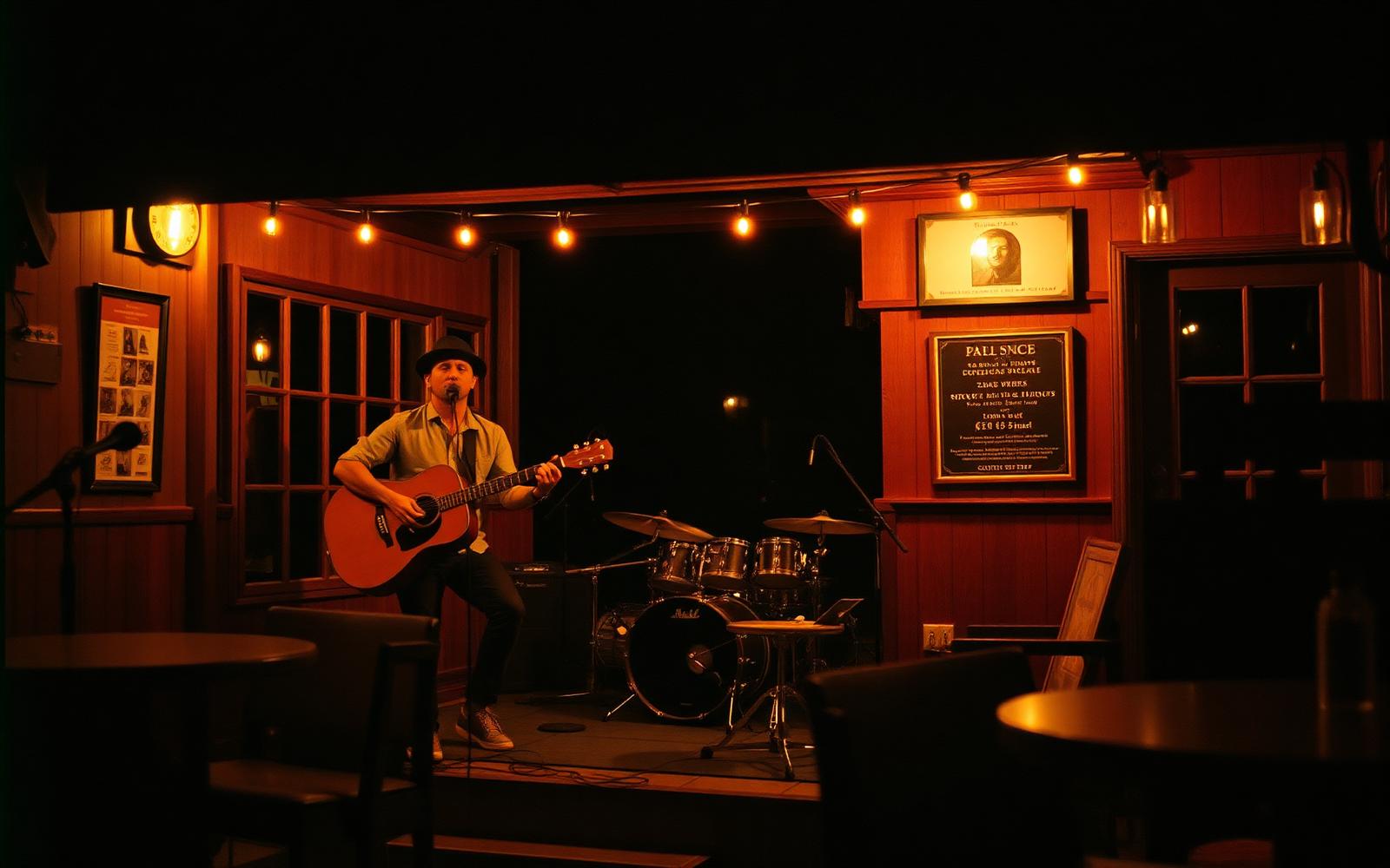 The duo performing on a small restaurant stage under string lights